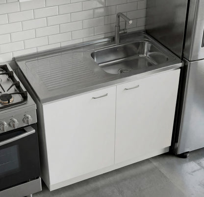 TUHOME Napoles Utility Sink Cabinet with Integrated Steel Sink, Double Door Storage, Interior Shelf and Durable Aluminum Countertop Offering Practical Organization and Functional Workspace.