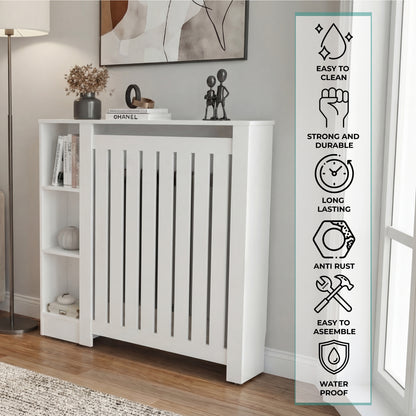 Radiator Cover Cabinet Joseph with Slatted Frame and 3 Shelves, Decorative Heater Cover, Modern Furniture Accent for Living Rooms, Hallways, and Bedrooms, Space-Saving Storage Solution