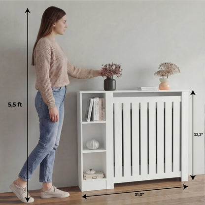 Radiator Cover Cabinet Joseph with Slatted Frame and 3 Shelves, Decorative Heater Cover, Modern Furniture Accent for Living Rooms, Hallways, and Bedrooms, Space-Saving Storage Solution