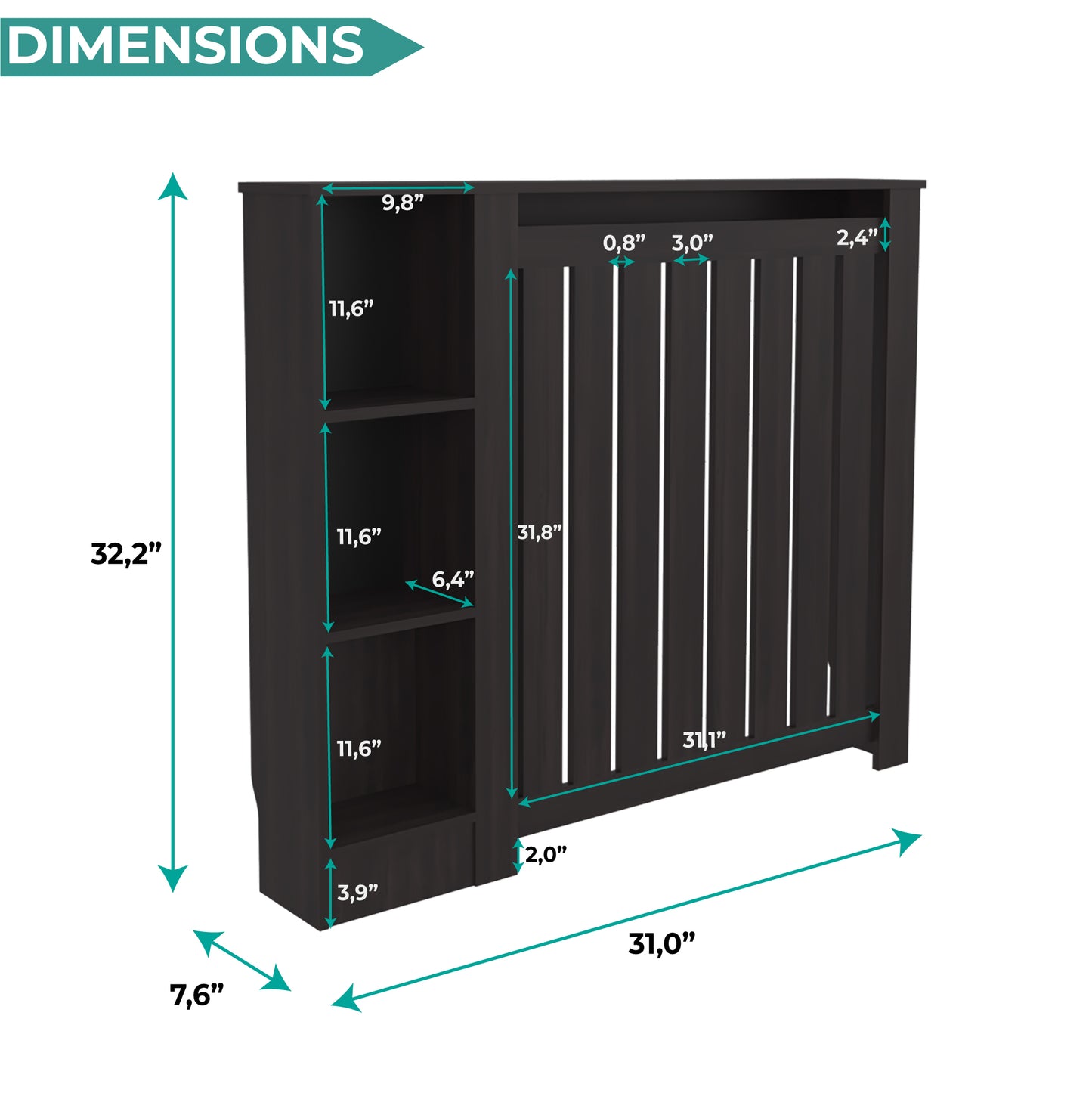 Radiator Cover Cabinet Joseph with Slatted Frame and 3 Shelves, Decorative Heater Cover, Modern Furniture Accent for Living Rooms, Hallways, and Bedrooms, Space-Saving Storage Solution