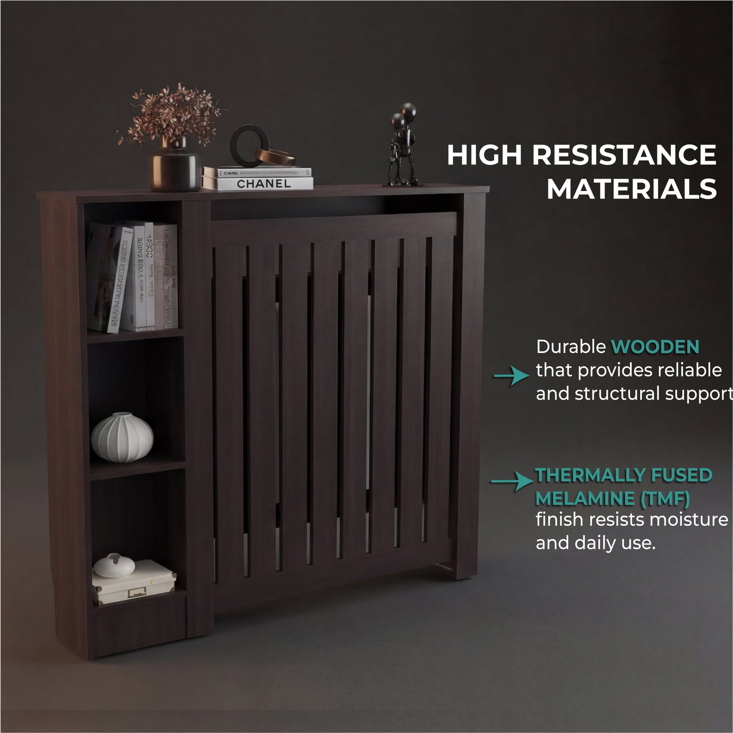 Radiator Cover Cabinet Joseph with Slatted Frame and 3 Shelves, Decorative Heater Cover, Modern Furniture Accent for Living Rooms, Hallways, and Bedrooms, Space-Saving Storage Solution