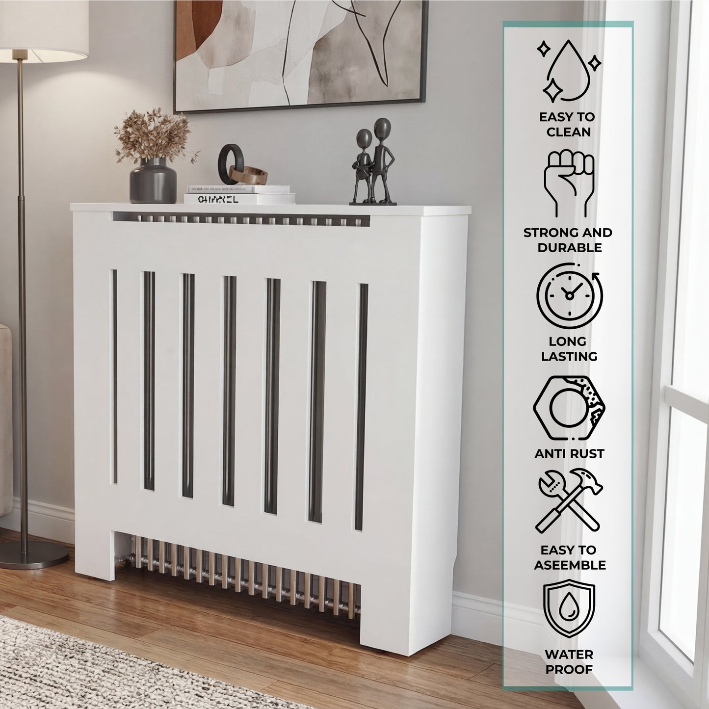 Radiator Cover Linn with Cabinet and Slatted Panel, Modern Home Furniture for Heating Units, Ventilated Decorative Enclosure with Extra Shelf Space, Ideal for Small to Medium Rooms