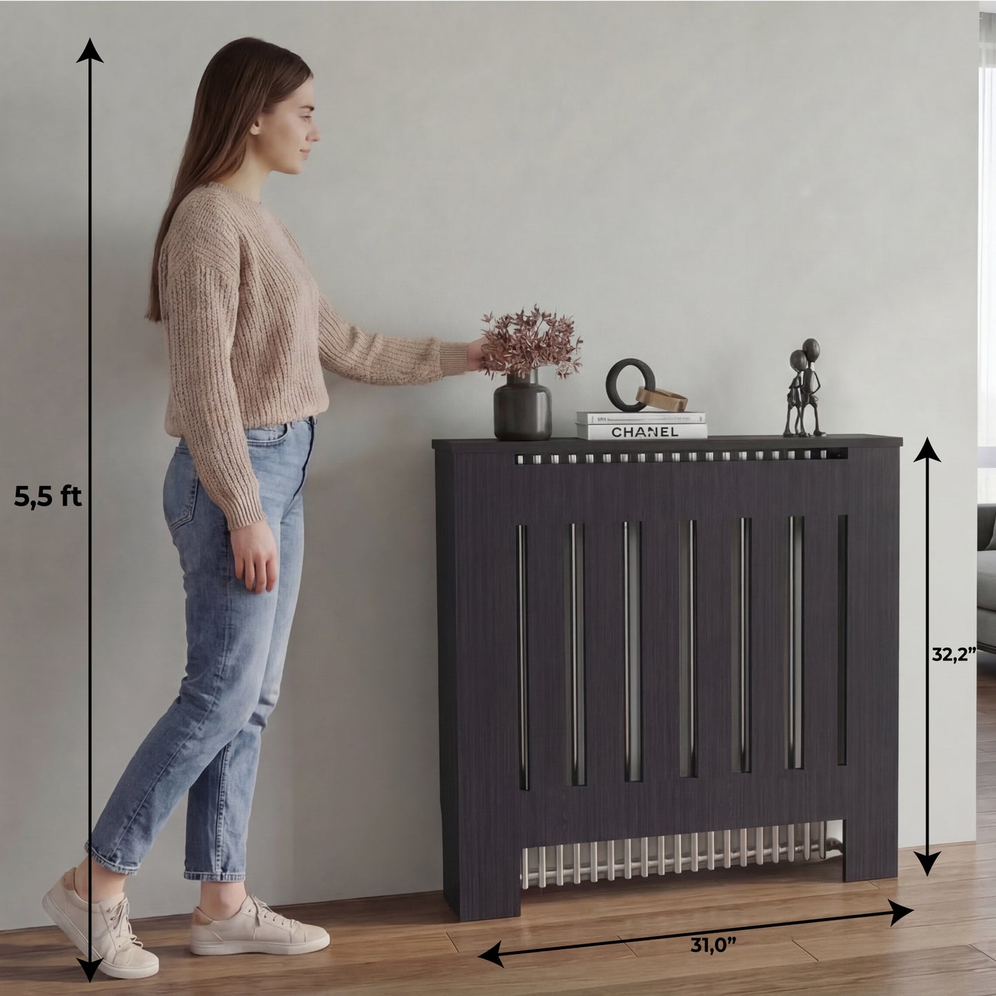 Radiator Cover Linn with Cabinet and Slatted Panel, Modern Home Furniture for Heating Units, Ventilated Decorative Enclosure with Extra Shelf Space, Ideal for Small to Medium Rooms