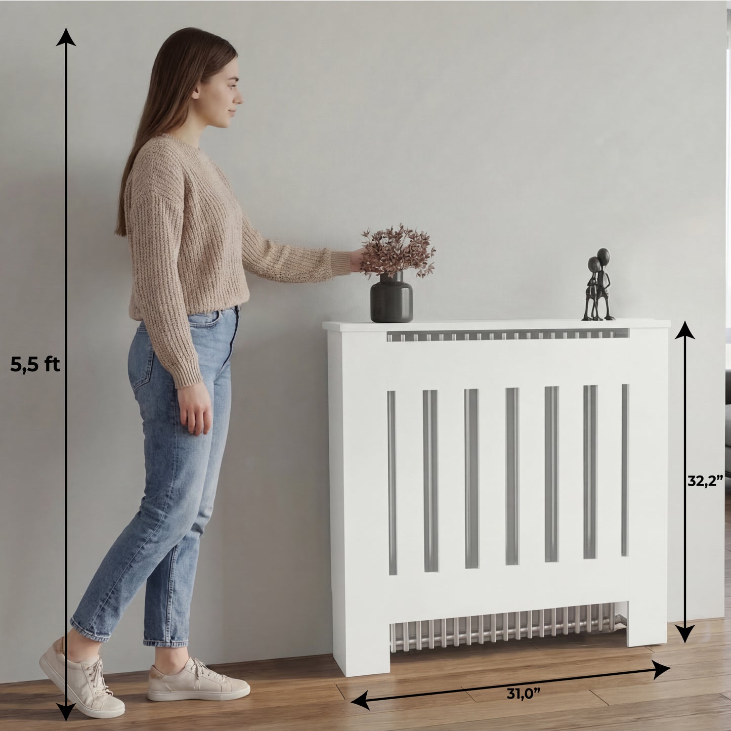 Radiator Cover Linn with Cabinet and Slatted Panel, Modern Home Furniture for Heating Units, Ventilated Decorative Enclosure with Extra Shelf Space, Ideal for Small to Medium Rooms