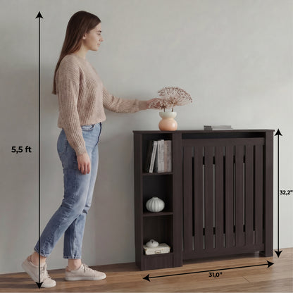 Radiator Cover Cabinet Joseph with Slatted Frame and 3 Shelves, Decorative Heater Cover, Modern Furniture Accent for Living Rooms, Hallways, and Bedrooms, Space-Saving Storage Solution