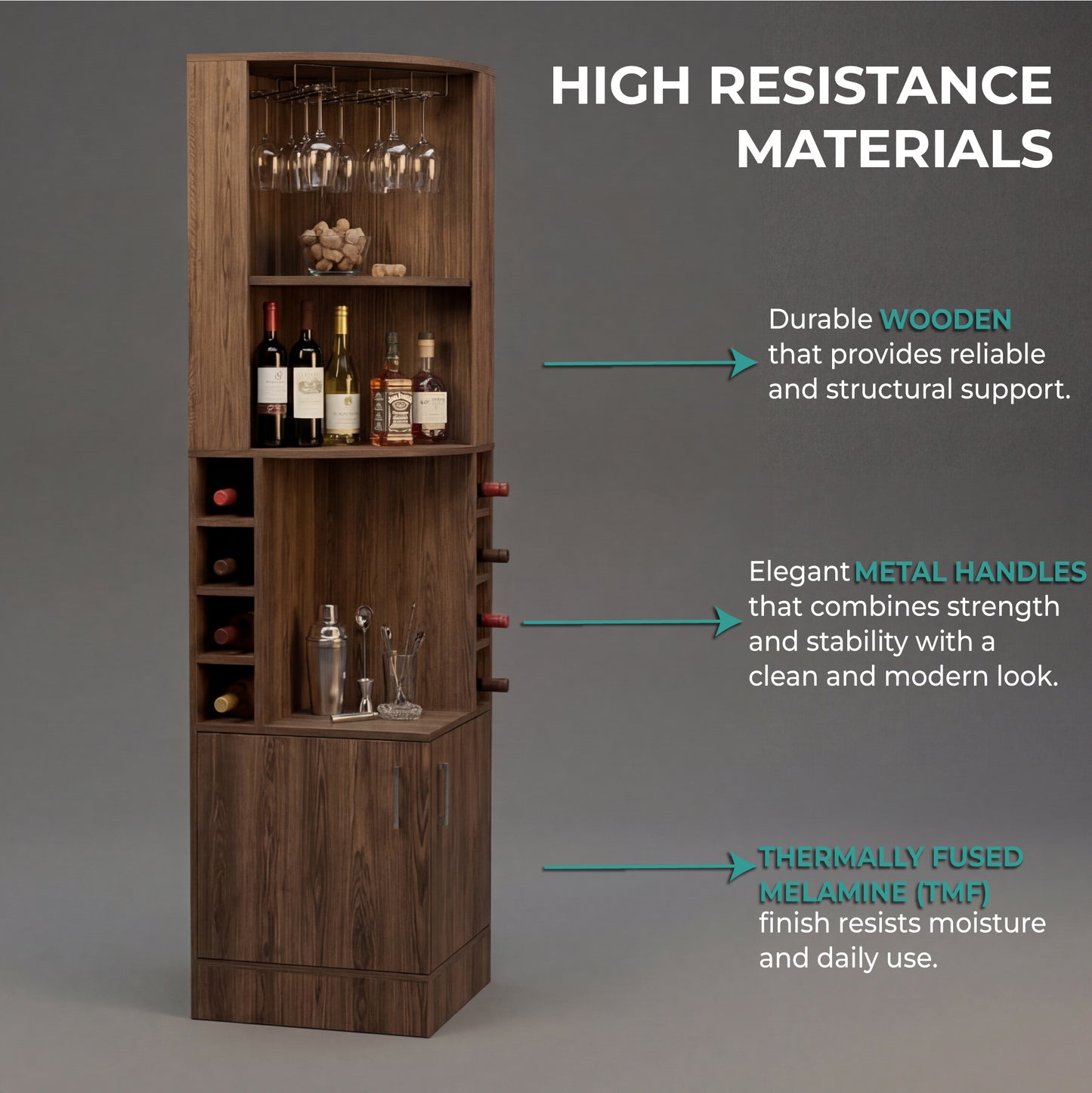 Tuhome Syrah Corner Bar Cabinet with Two External Shelves, Stemware Rack, Eight Cubbies, Modern Design for Living Room or Home Bar