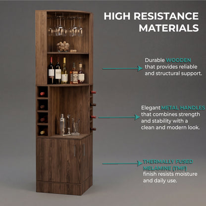 Tuhome Syrah Corner Bar Cabinet with Two External Shelves, Stemware Rack, Eight Cubbies, Modern Design for Living Room or Home Bar