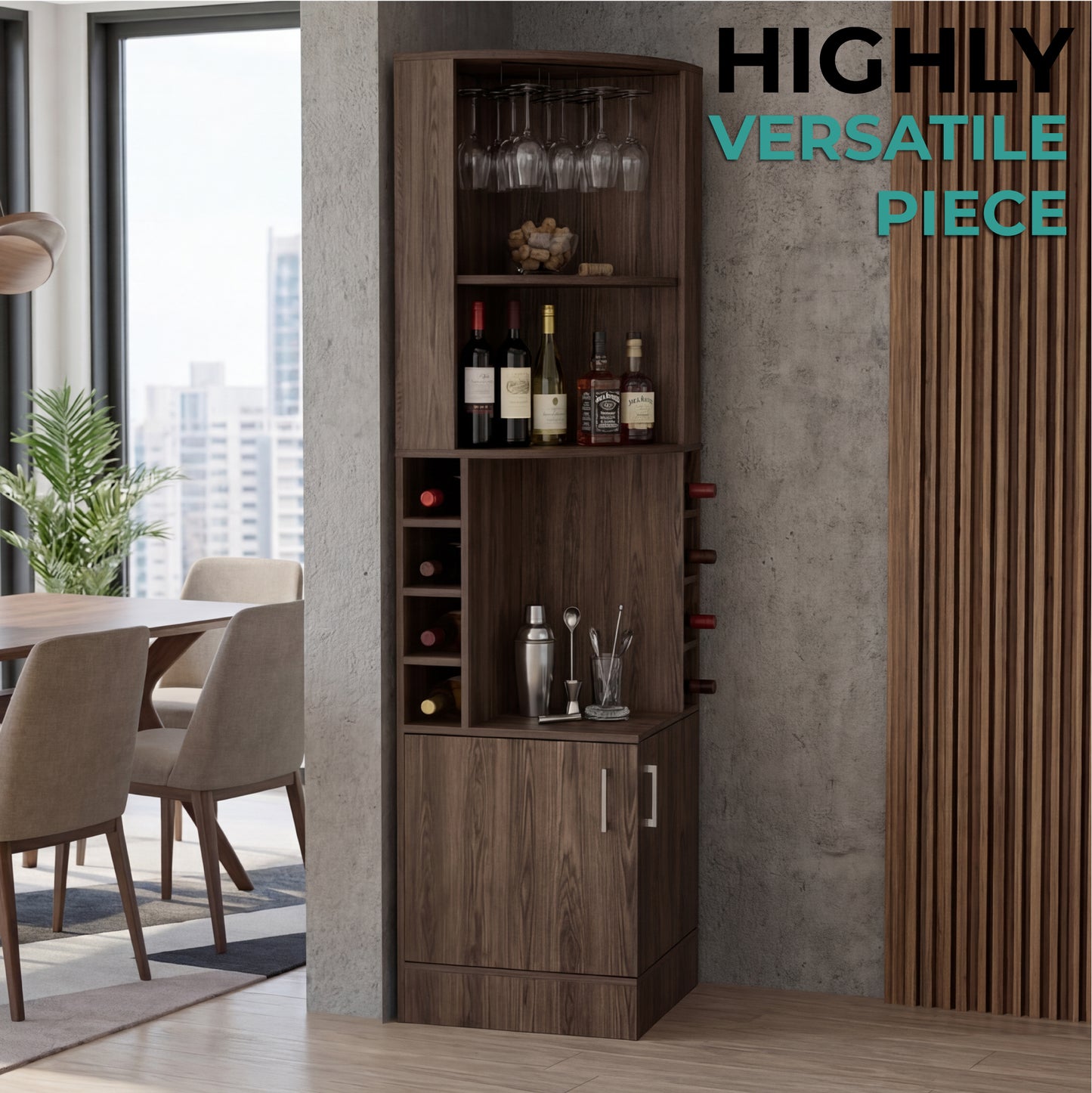 Tuhome Syrah Corner Bar Cabinet with Two External Shelves, Stemware Rack, Eight Cubbies, Modern Design for Living Room or Home Bar