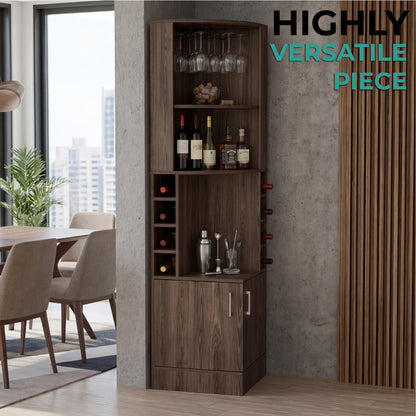 Tuhome Syrah Corner Bar Cabinet with Two External Shelves, Stemware Rack, Eight Cubbies, Modern Design for Living Room or Home Bar