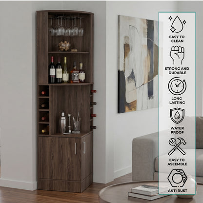 Tuhome Syrah Corner Bar Cabinet with Two External Shelves, Stemware Rack, Eight Cubbies, Modern Design for Living Room or Home Bar