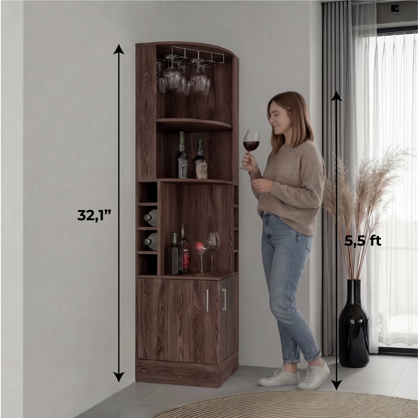 Tuhome Syrah Corner Bar Cabinet with Two External Shelves, Stemware Rack, Eight Cubbies, Modern Design for Living Room or Home Bar