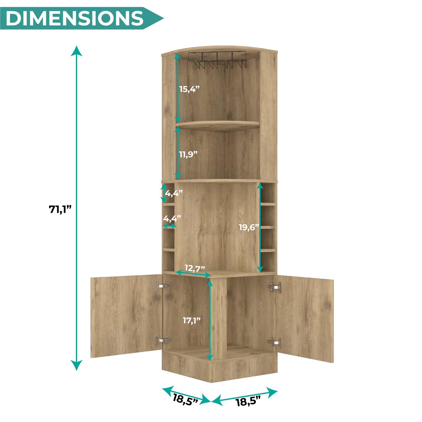 Tuhome Syrah Corner Bar Cabinet with Two External Shelves, Stemware Rack, Eight Cubbies, Modern Design for Living Room or Home Bar