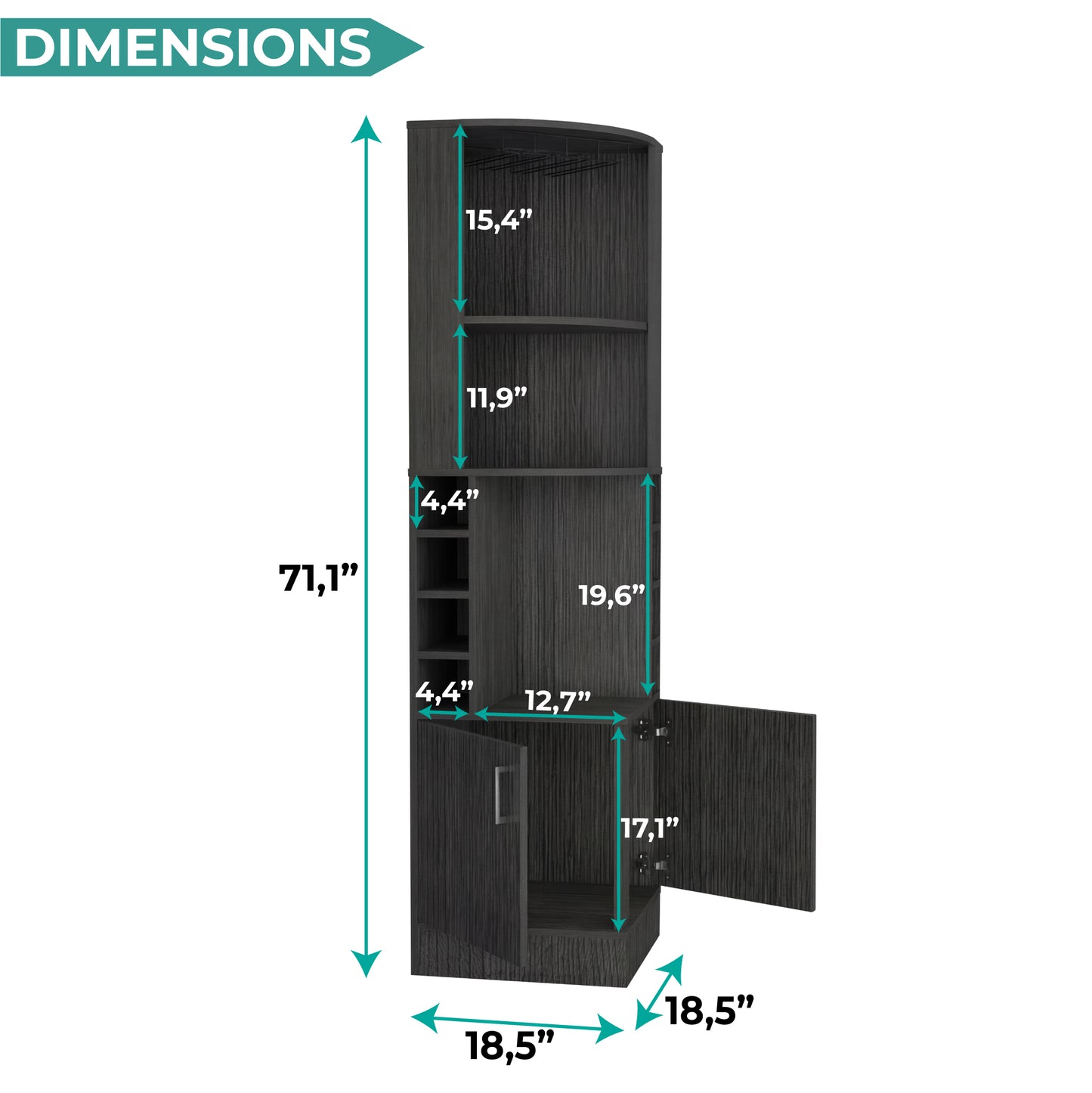 Tuhome Syrah Corner Bar Cabinet with Two External Shelves, Stemware Rack, Eight Cubbies, Modern Design for Living Room or Home Bar
