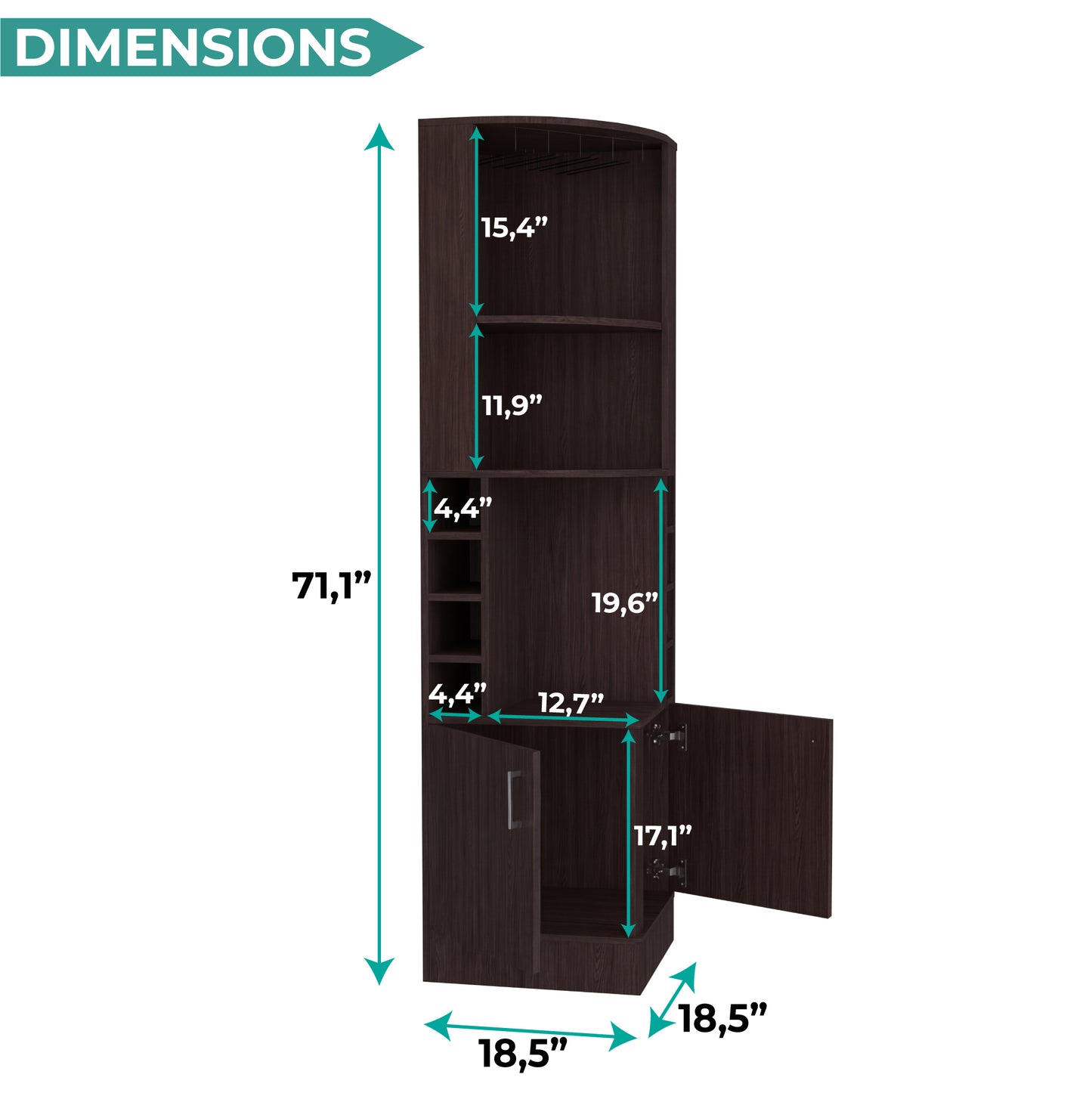 Tuhome Syrah Corner Bar Cabinet with Two External Shelves, Stemware Rack, Eight Cubbies, Modern Design for Living Room or Home Bar