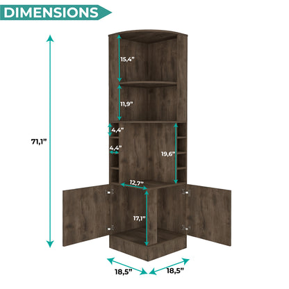 Tuhome Syrah Corner Bar Cabinet with Two External Shelves, Stemware Rack, Eight Cubbies, Modern Design for Living Room or Home Bar