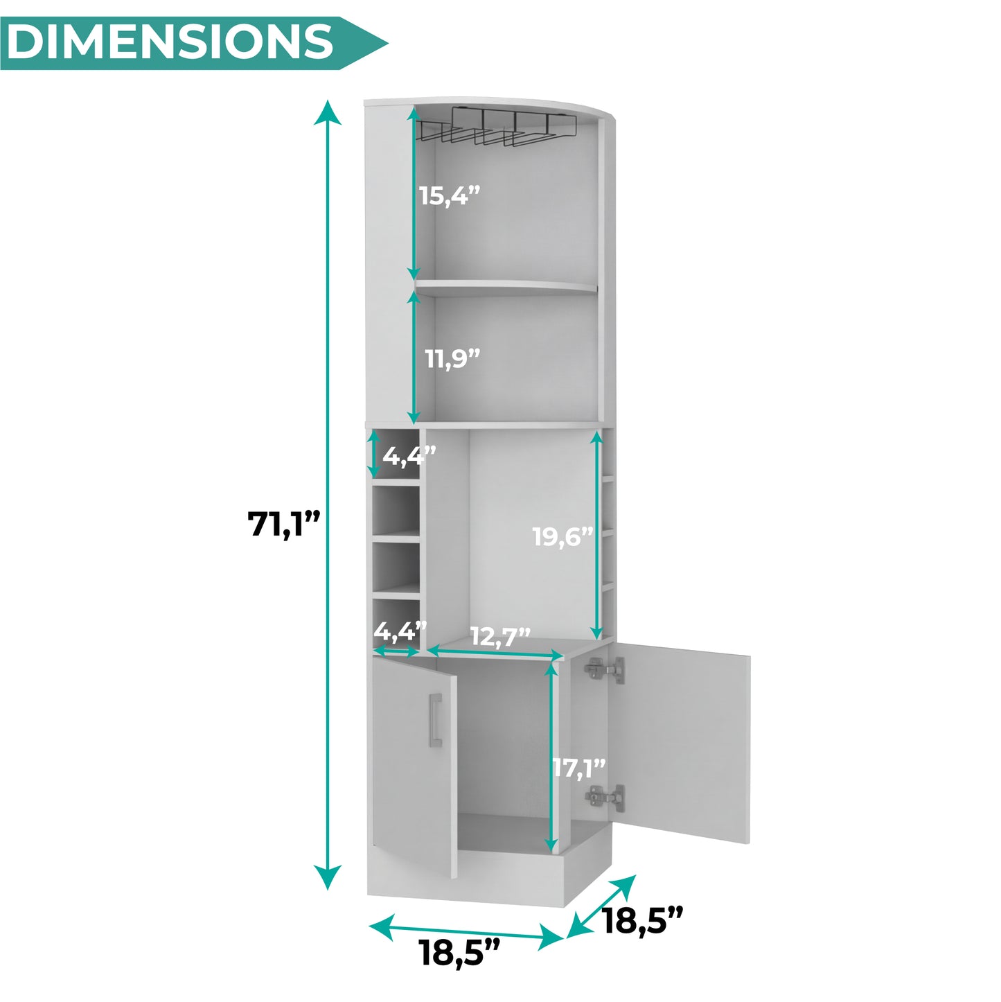 Tuhome Syrah Corner Bar Cabinet with Two External Shelves, Stemware Rack, Eight Cubbies, Modern Design for Living Room or Home Bar
