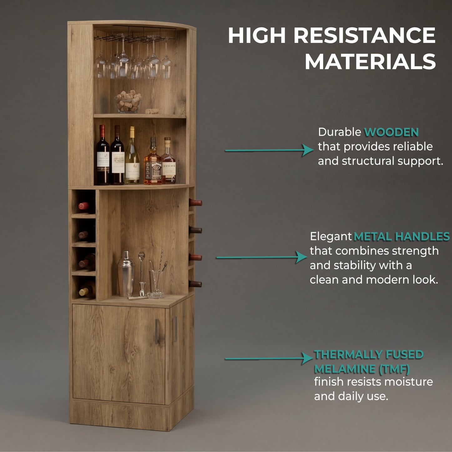 Tuhome Syrah Corner Bar Cabinet with Two External Shelves, Stemware Rack, Eight Cubbies, Modern Design for Living Room or Home Bar