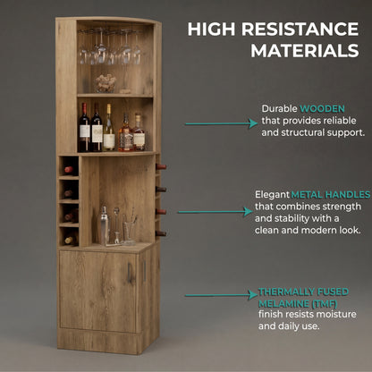 Tuhome Syrah Corner Bar Cabinet with Two External Shelves, Stemware Rack, Eight Cubbies, Modern Design for Living Room or Home Bar