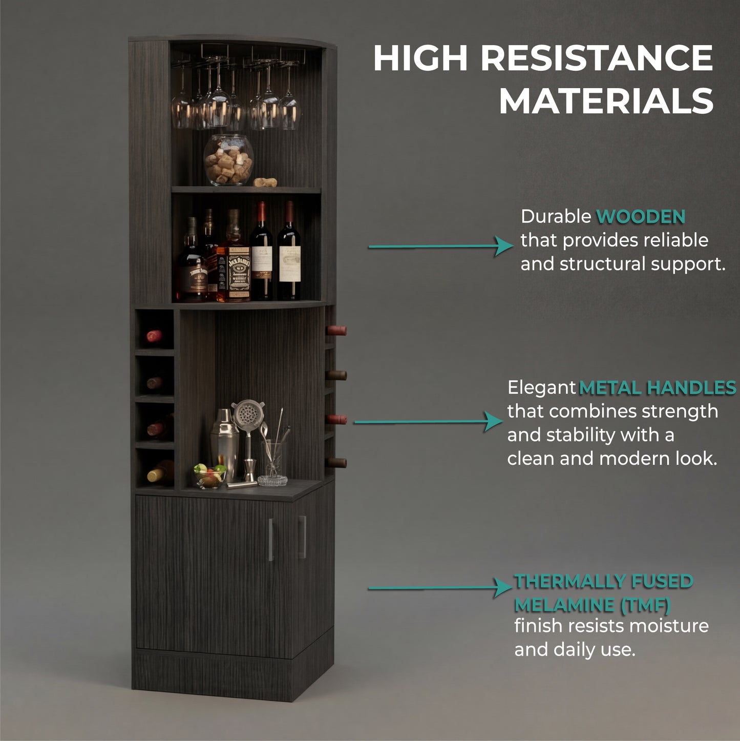Tuhome Syrah Corner Bar Cabinet with Two External Shelves, Stemware Rack, Eight Cubbies, Modern Design for Living Room or Home Bar
