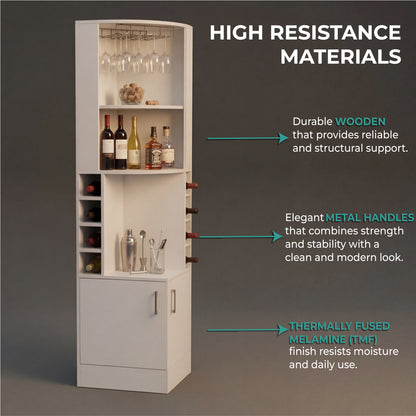 Tuhome Syrah Corner Bar Cabinet with Two External Shelves, Stemware Rack, Eight Cubbies, Modern Design for Living Room or Home Bar