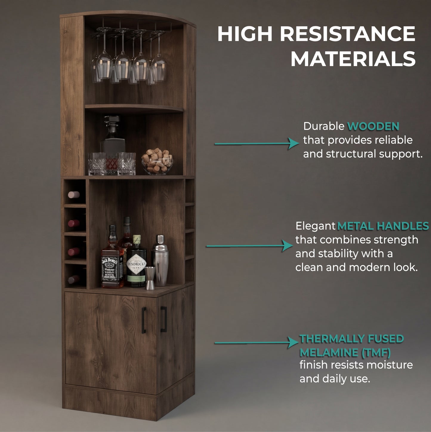 Tuhome Syrah Corner Bar Cabinet with Two External Shelves, Stemware Rack, Eight Cubbies, Modern Design for Living Room or Home Bar