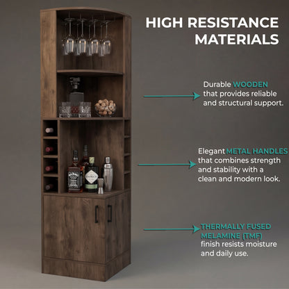 Tuhome Syrah Corner Bar Cabinet with Two External Shelves, Stemware Rack, Eight Cubbies, Modern Design for Living Room or Home Bar