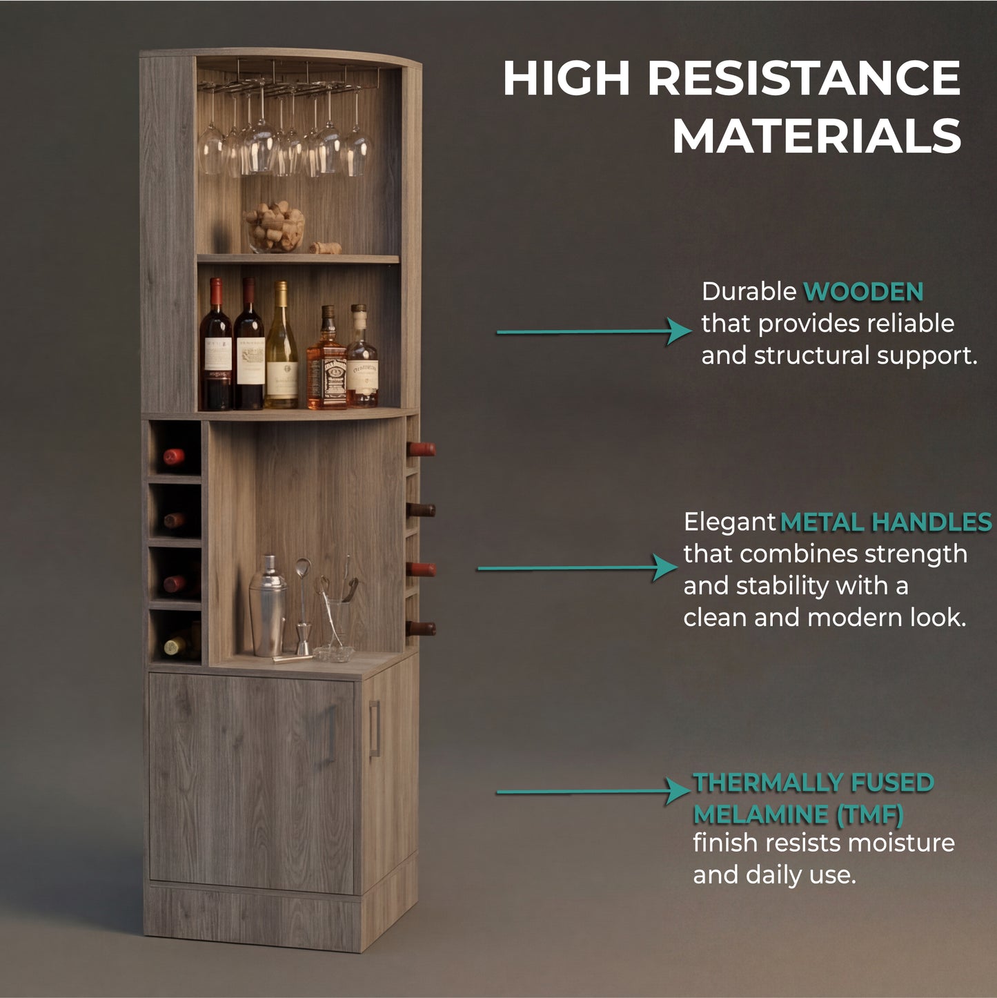 Tuhome Syrah Corner Bar Cabinet with Two External Shelves, Stemware Rack, Eight Cubbies, Modern Design for Living Room or Home Bar