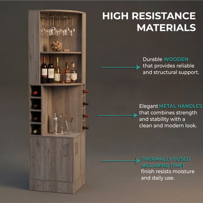 Tuhome Syrah Corner Bar Cabinet with Two External Shelves, Stemware Rack, Eight Cubbies, Modern Design for Living Room or Home Bar