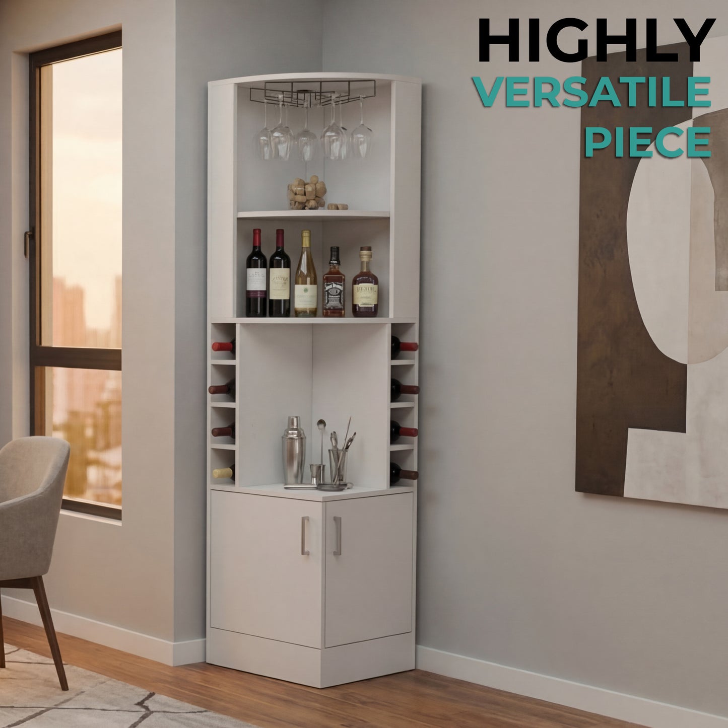 Tuhome Syrah Corner Bar Cabinet with Two External Shelves, Stemware Rack, Eight Cubbies, Modern Design for Living Room or Home Bar