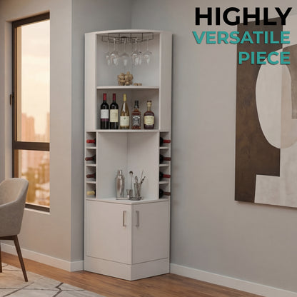 Tuhome Syrah Corner Bar Cabinet with Two External Shelves, Stemware Rack, Eight Cubbies, Modern Design for Living Room or Home Bar