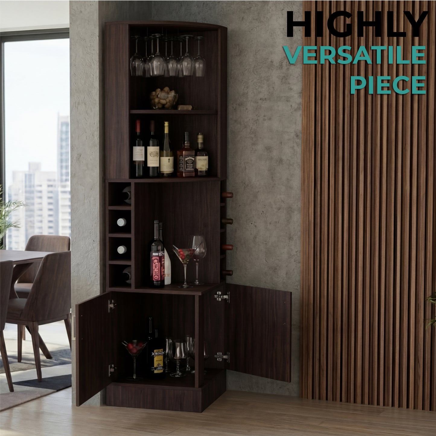 Tuhome Syrah Corner Bar Cabinet with Two External Shelves, Stemware Rack, Eight Cubbies, Modern Design for Living Room or Home Bar