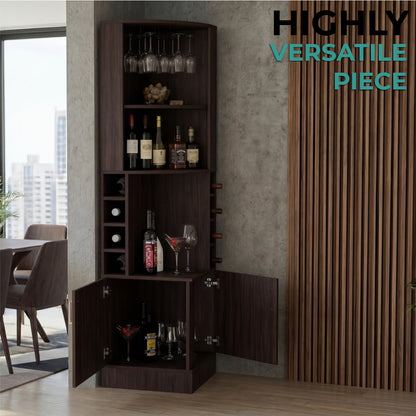 Tuhome Syrah Corner Bar Cabinet with Two External Shelves, Stemware Rack, Eight Cubbies, Modern Design for Living Room or Home Bar