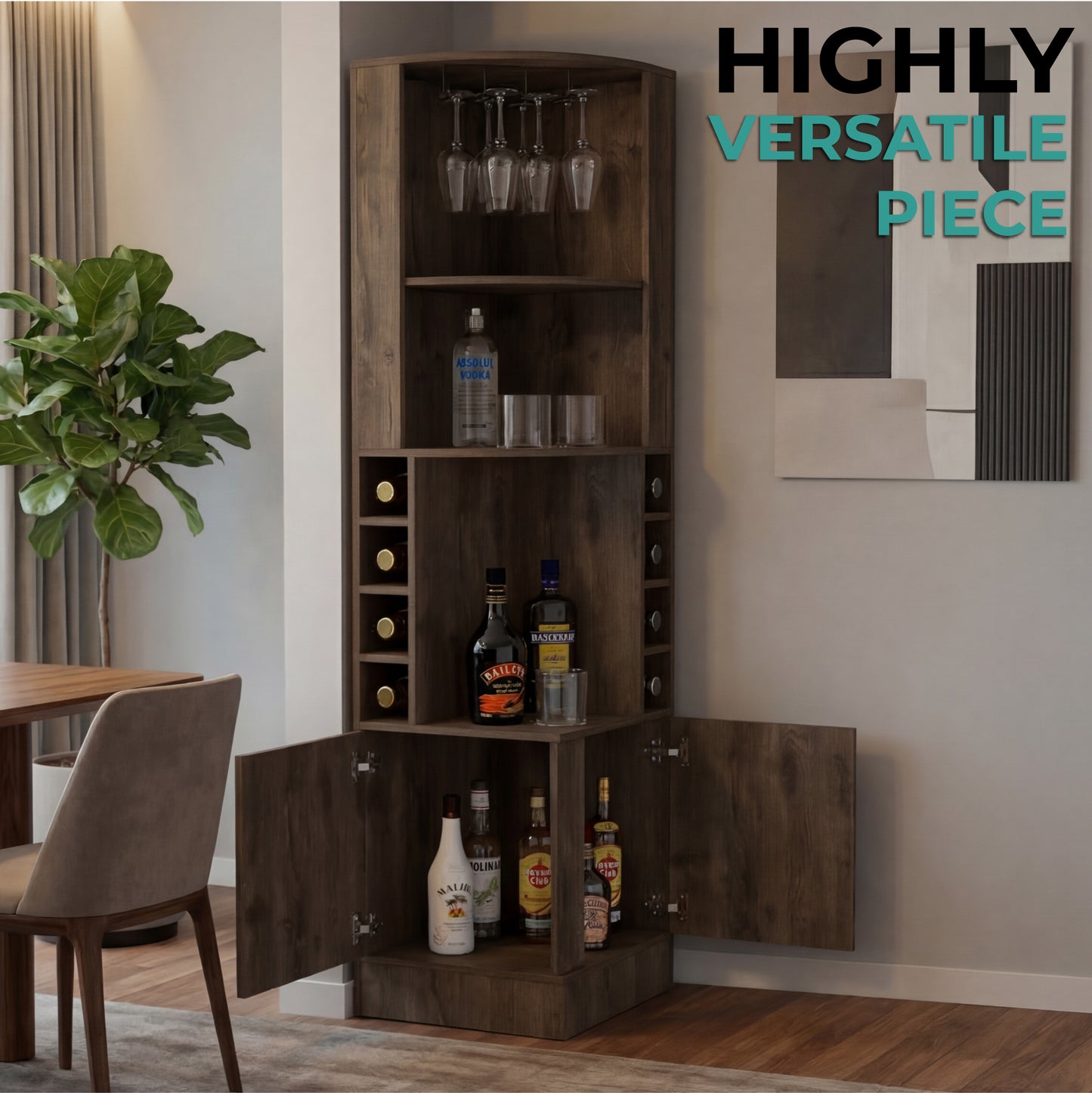 Tuhome Syrah Corner Bar Cabinet with Two External Shelves, Stemware Rack, Eight Cubbies, Modern Design for Living Room or Home Bar
