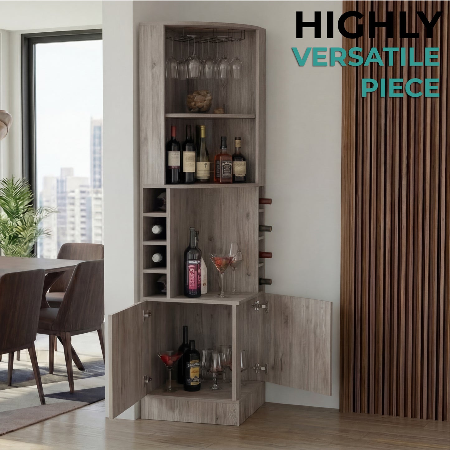 Tuhome Syrah Corner Bar Cabinet with Two External Shelves, Stemware Rack, Eight Cubbies, Modern Design for Living Room or Home Bar