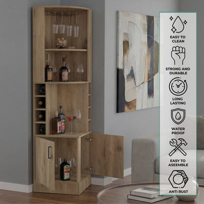Tuhome Syrah Corner Bar Cabinet with Two External Shelves, Stemware Rack, Eight Cubbies, Modern Design for Living Room or Home Bar