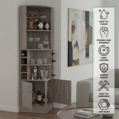 Tuhome Syrah Corner Bar Cabinet with Two External Shelves, Stemware Rack, Eight Cubbies, Modern Design for Living Room or Home Bar