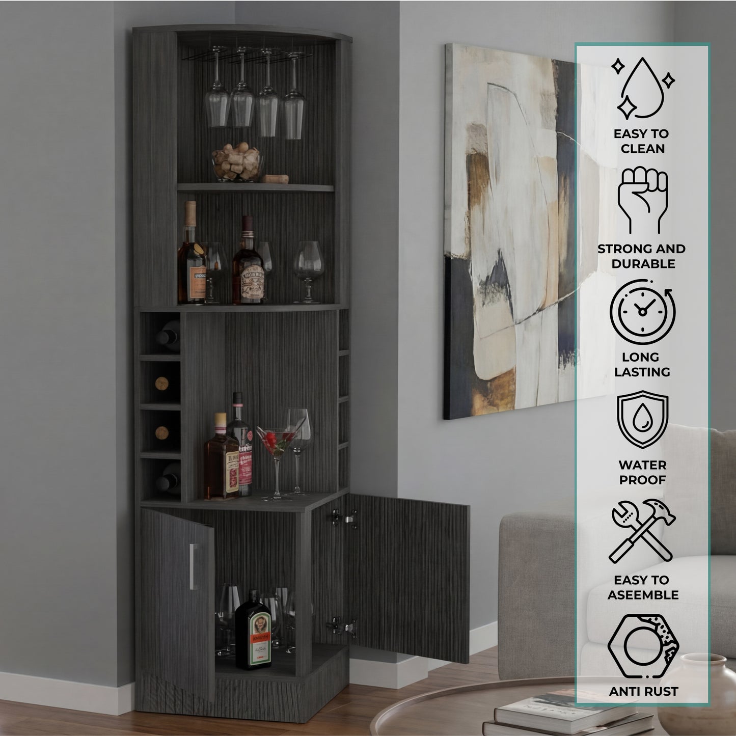 Tuhome Syrah Corner Bar Cabinet with Two External Shelves, Stemware Rack, Eight Cubbies, Modern Design for Living Room or Home Bar