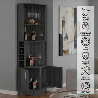 Tuhome Syrah Corner Bar Cabinet with Two External Shelves, Stemware Rack, Eight Cubbies, Modern Design for Living Room or Home Bar