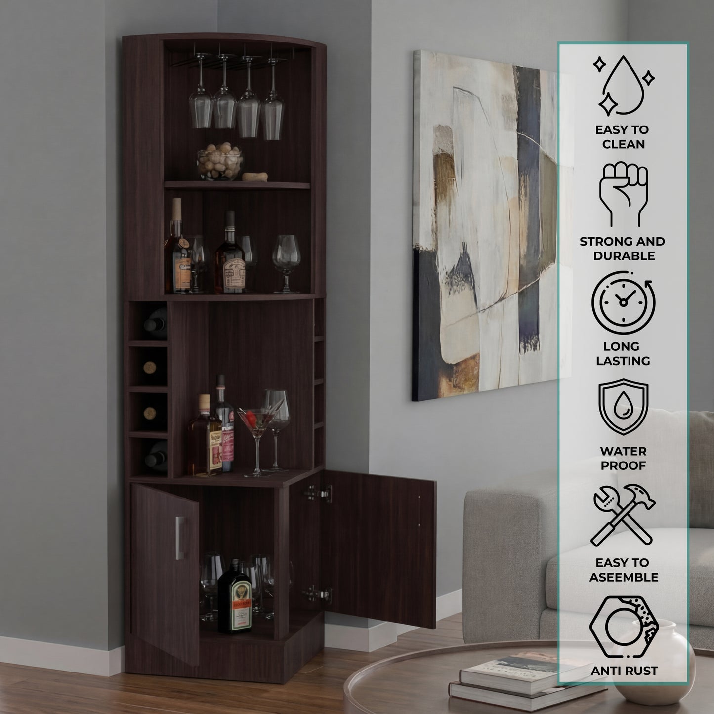 Tuhome Syrah Corner Bar Cabinet with Two External Shelves, Stemware Rack, Eight Cubbies, Modern Design for Living Room or Home Bar