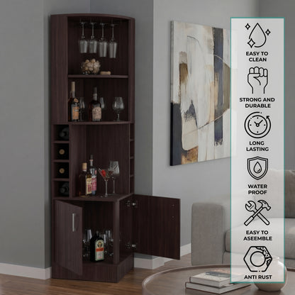 Tuhome Syrah Corner Bar Cabinet with Two External Shelves, Stemware Rack, Eight Cubbies, Modern Design for Living Room or Home Bar