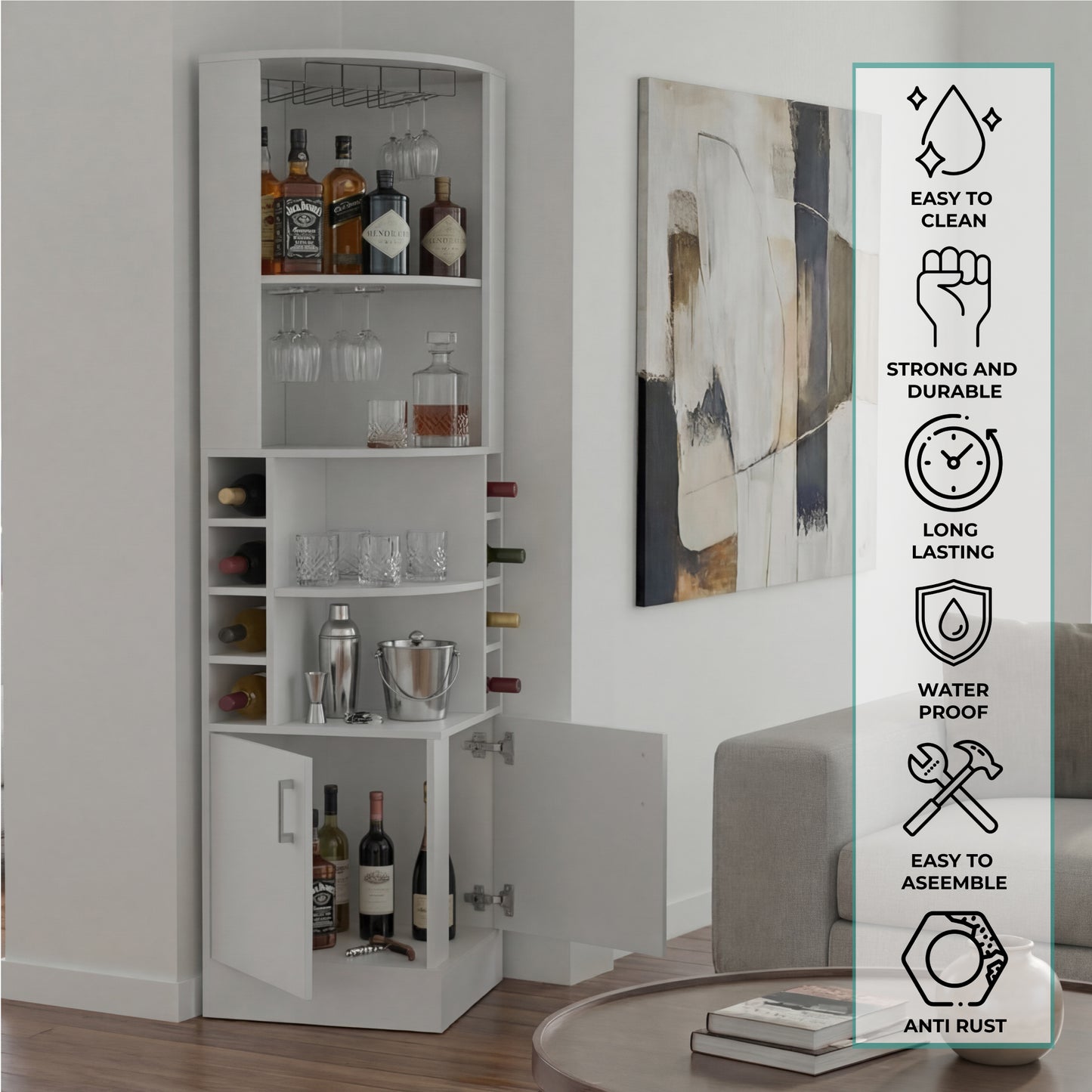 Tuhome Syrah Corner Bar Cabinet with Two External Shelves, Stemware Rack, Eight Cubbies, Modern Design for Living Room or Home Bar