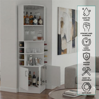 Tuhome Syrah Corner Bar Cabinet with Two External Shelves, Stemware Rack, Eight Cubbies, Modern Design for Living Room or Home Bar