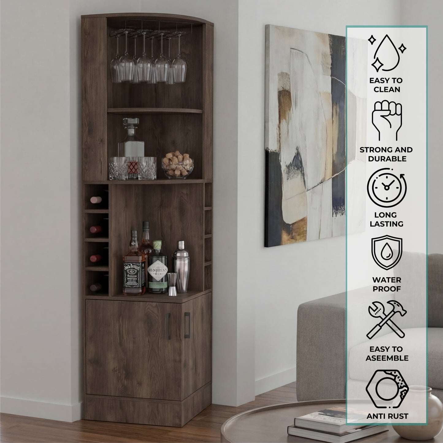 Tuhome Syrah Corner Bar Cabinet with Two External Shelves, Stemware Rack, Eight Cubbies, Modern Design for Living Room or Home Bar