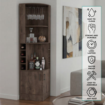 Tuhome Syrah Corner Bar Cabinet with Two External Shelves, Stemware Rack, Eight Cubbies, Modern Design for Living Room or Home Bar