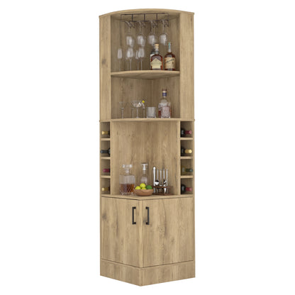 Tuhome Syrah Corner Bar Cabinet with Two External Shelves, Stemware Rack, Eight Cubbies, Modern Design for Living Room or Home Bar