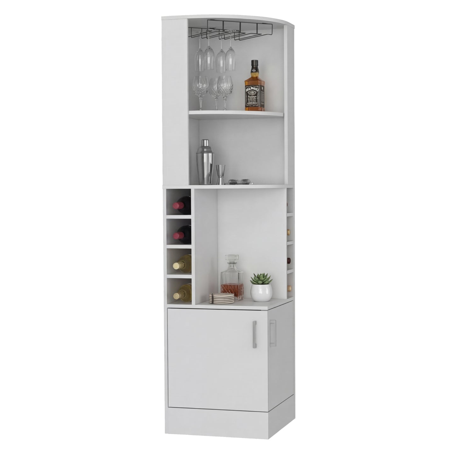 Tuhome Syrah Corner Bar Cabinet with Two External Shelves, Stemware Rack, Eight Cubbies, Modern Design for Living Room or Home Bar