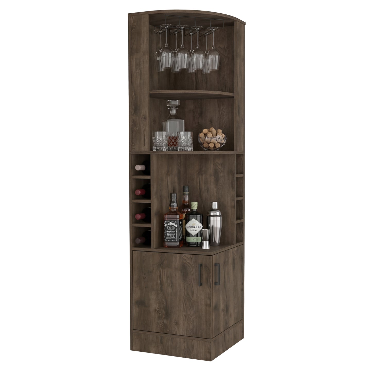 Tuhome Syrah Corner Bar Cabinet with Two External Shelves, Stemware Rack, Eight Cubbies, Modern Design for Living Room or Home Bar