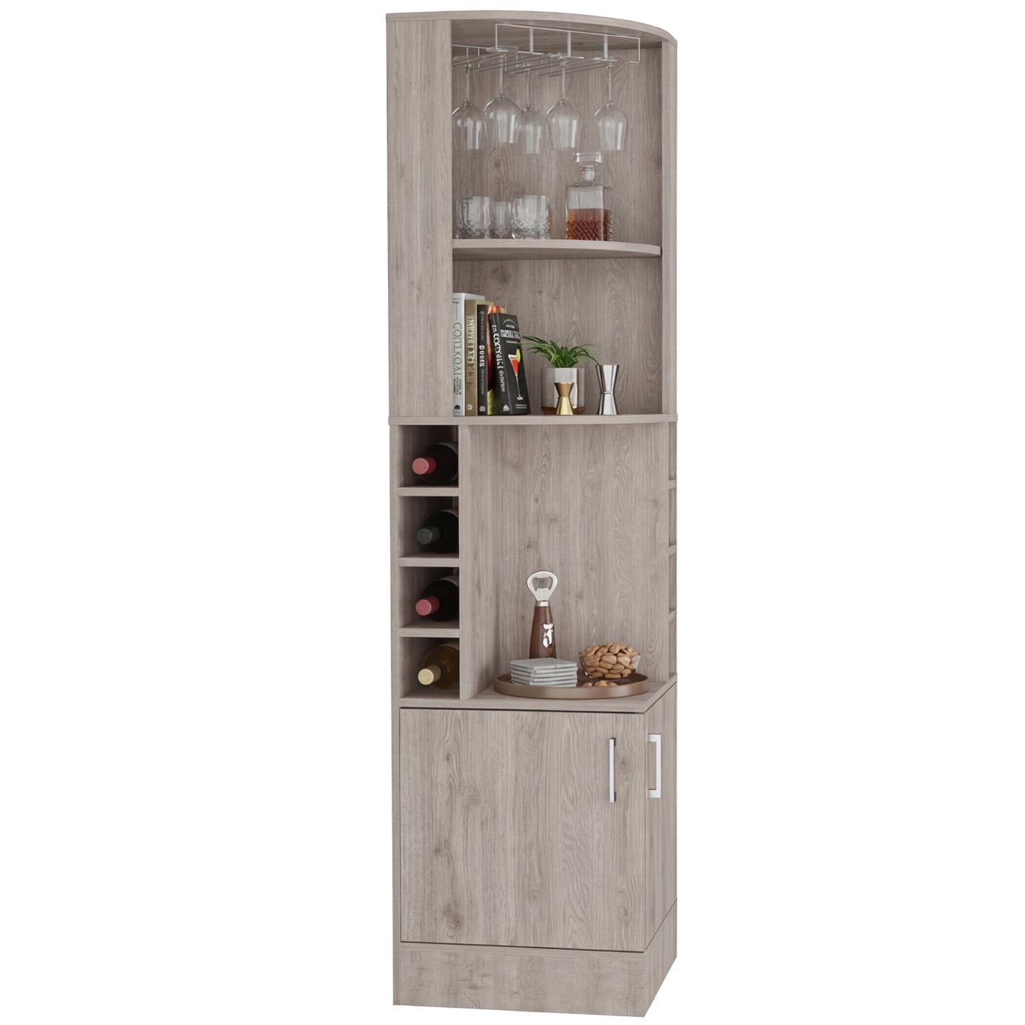 Tuhome Syrah Corner Bar Cabinet with Two External Shelves, Stemware Rack, Eight Cubbies, Modern Design for Living Room or Home Bar