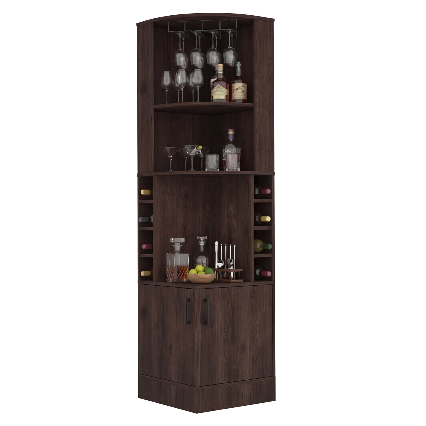 Tuhome Syrah Corner Bar Cabinet with Two External Shelves, Stemware Rack, Eight Cubbies, Modern Design for Living Room or Home Bar