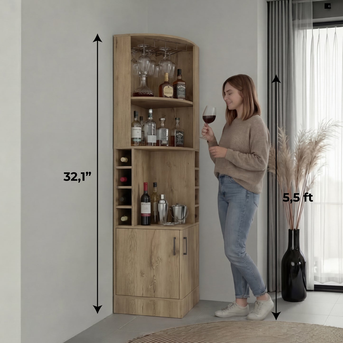 Tuhome Syrah Corner Bar Cabinet with Two External Shelves, Stemware Rack, Eight Cubbies, Modern Design for Living Room or Home Bar